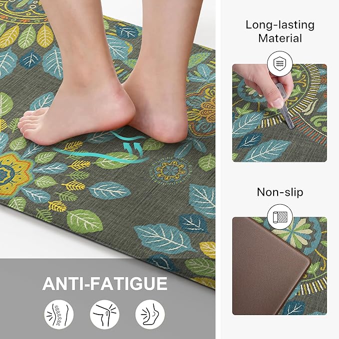 GENIMO Kitchen Mats for Floor 2PCS, Cushioned Kitchen Rugs Non Slip Washable, Farmhouse Anti Fatigue Mat Waterproof, Comfort Standing Mat Rug for Office, Home, Laundry, 17.3"x47"+17.3"x30", Green