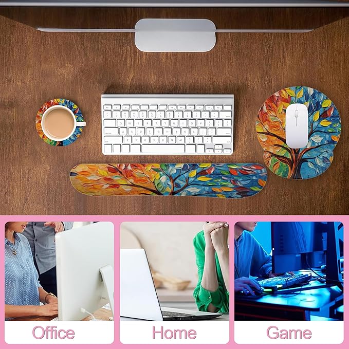 Tree of Life Mouse Pad with Wrist Rest and Keyboard Wrist Rest Set, Non-Slip Rubber Base Memory Foam Mouse Pad Set for Women, Office Desk Accessories, Gaming