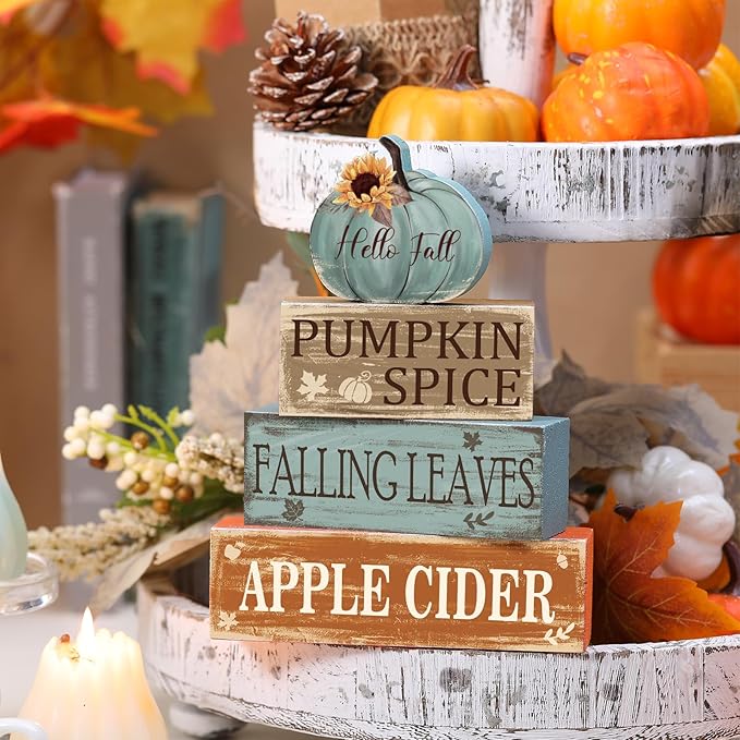 4 Pcs Fall Decor for Home Hello Fall Wooden Signs with Sunflower Autumn Thanksgiving Tiered Tray Decor Pumpkin Spice Tabletop Centerpiece Falling Leaves Block Signs for Office Kitchen Shelf