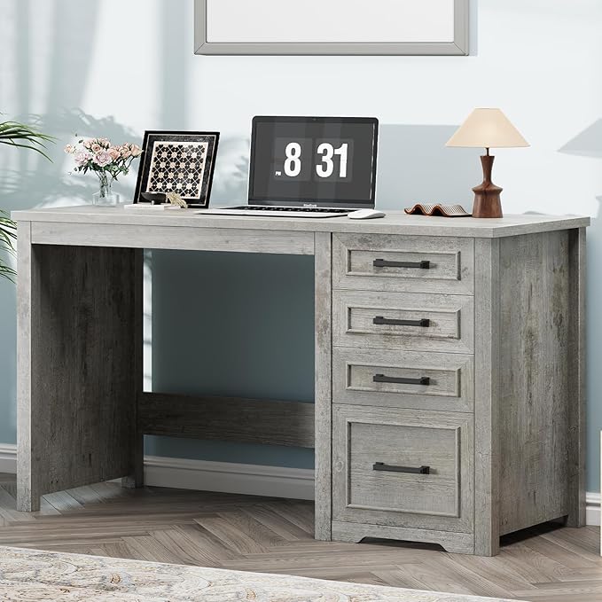 Vabches Farmhouse 49” Executive Desk with File Drawer, 4 Drawers Reversible Computer Desk with Storage, Rustic Home Writing Workstation for Home Office.Grey