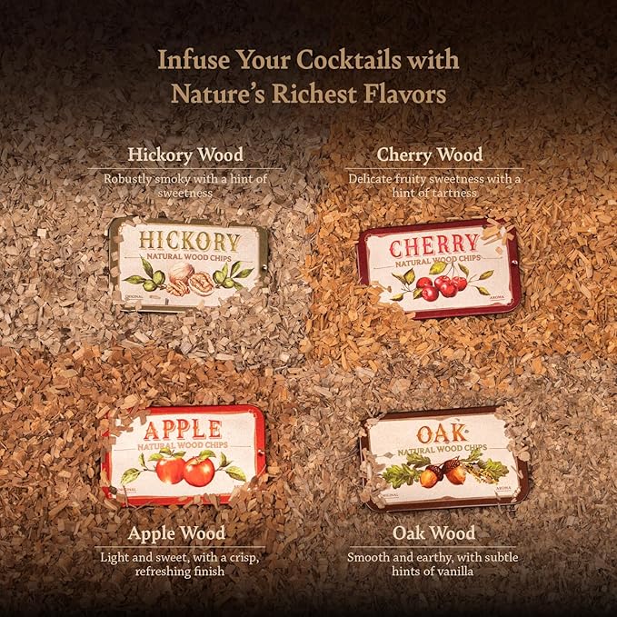 Cocktail Whiskey Smoker Kit with Torch, Wooden Box & Stand | Premium USA Walnut Smoker & 4 Flavors Natural Wood Chips | Old Fashioned Smoker Kit | Bourbon Gifts for Men