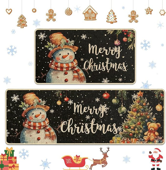 Christmas Snowflake Snowman Kitchen Rugs and Mats Non Skid Washable Set of 2, Xmas Kitchen Mats for Floor Decor