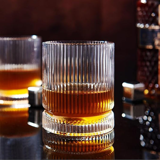 Ribbed Whiskey Glasses Set of 2, 12 Oz Lead-Free Crystal Heavy Base Barware Glass, Perfect for Bourbon Rocks Cocktail Scotch Drinking