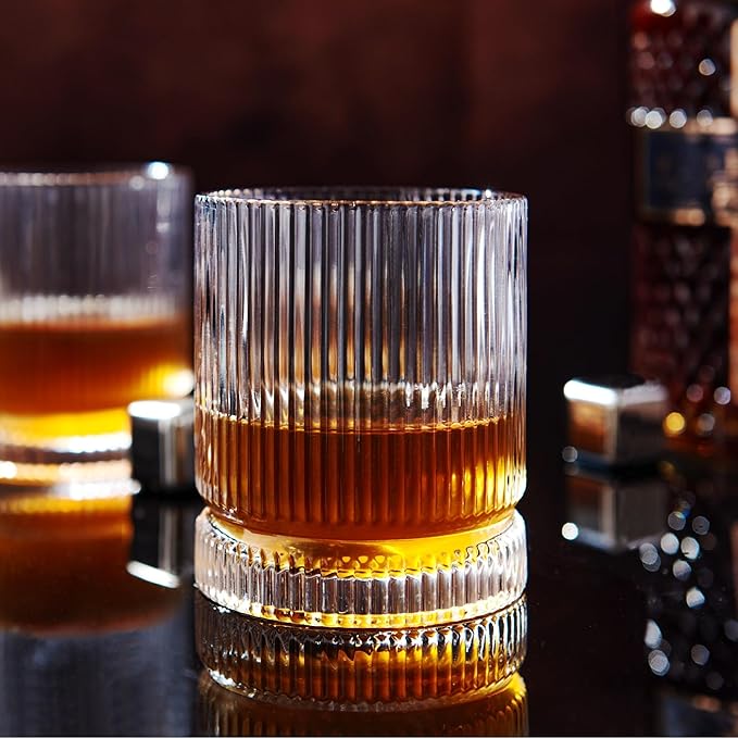 Ribbed Whiskey Glasses Set of 4, 12 Oz Lead-Free Crystal Heavy Base Barware Glass, Perfect for Bourbon Rocks Cocktail Scotch Drinking