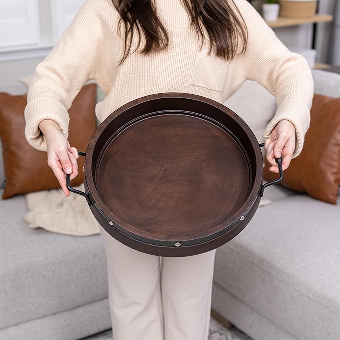16" Large Round Ottoman Tray, Heavy Duty Mango Wood, for Serving Tea, Breakfast in Bed, Living Room Large Coffee Table Tray Rustic with Farmhouse Style, Decorative Handles and Accent Strap