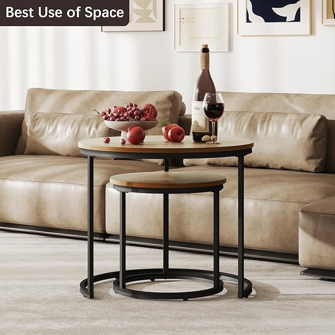 Nesting Tables Set of 2, Round Coffee Table, Small Nesting Coffee Table with Adjustable Non-Slip Fee, Wood Grain Top Nesting Tables for Living Room, Bedroom (Wood Grain Brown)