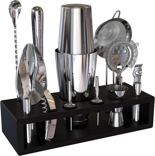 Highball & Chaser 13-Piece Boston Cocktail Shaker Set Stainless Steel Mixology Bartender Kit With Stand For Home Bar Cocktail Set | Laser Engraved Cocktail Tools | Plus E-Book with 30 Cocktail Recipes