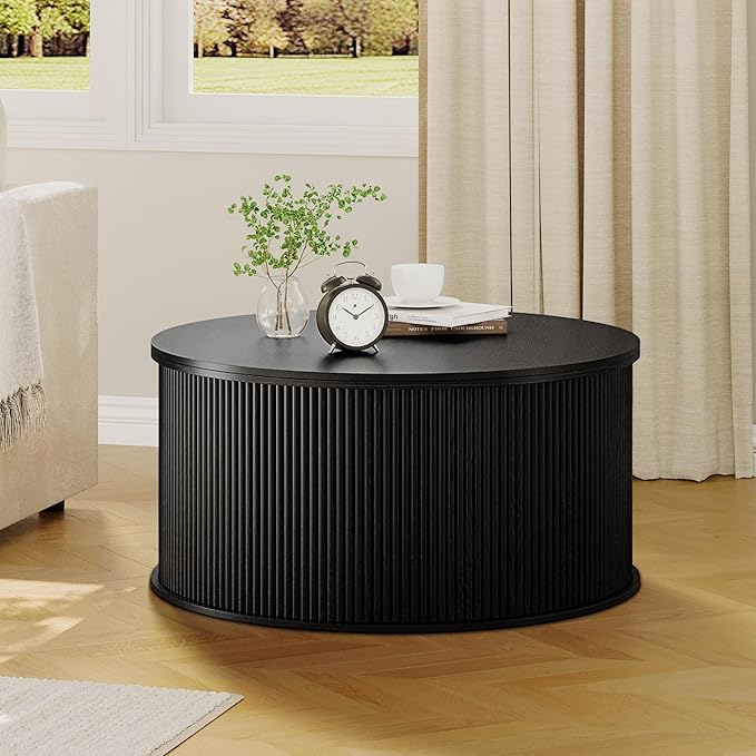 Lift Top Coffee Table, Fluted Round Coffee Table with Storage, Farmhouse Center Dining Table Circle Table for Living Room, Apartment, Home Office (Black)