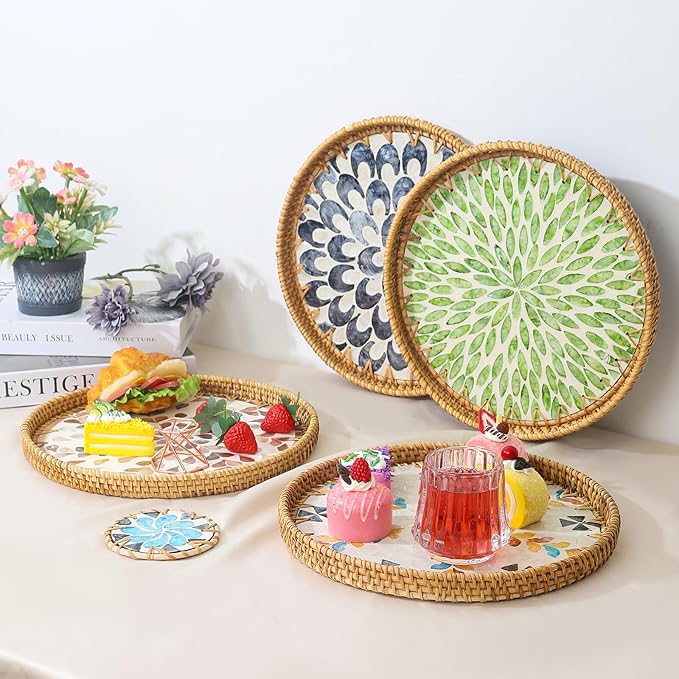 Round Rattan Serving Tray with Mother of Pearl Inlay & Coaster, Boho Wicker Basket, Decorative Coffee Table Tray for Table Decor, Storage and Display of Coffee Bread Fruit (Colored Feather)