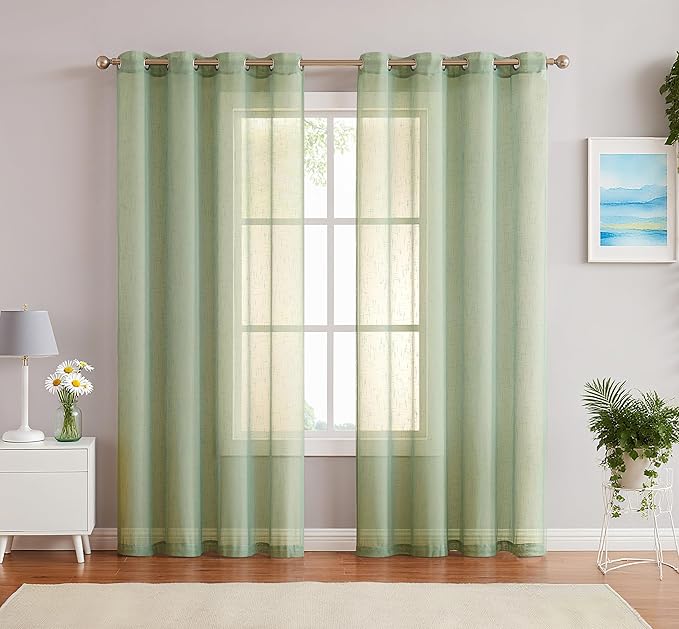 Green Linen Sheer Curtain Panel Pairs with Grommets/Eyelets Rustic Window Drape Treament Decoration for Living Room Bedroom Farmhouse, 54x63 Inch, 2 Panels, Sage