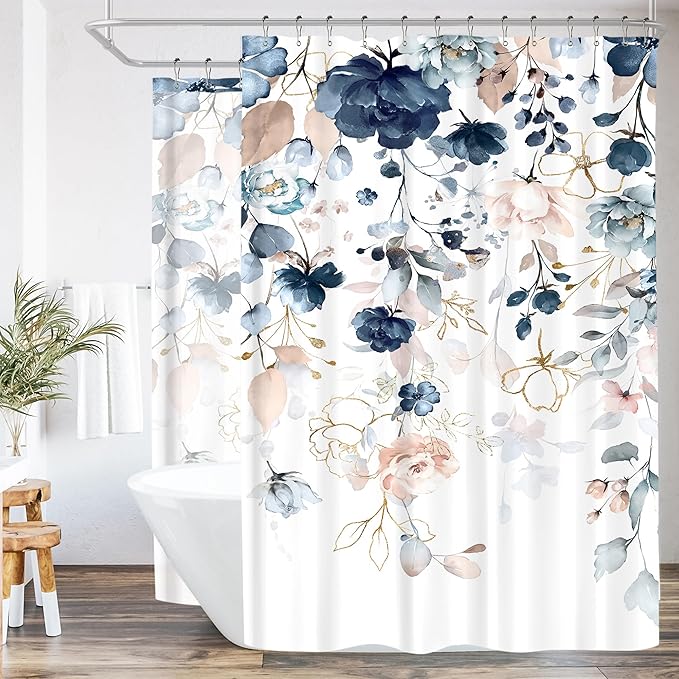 Extra Wide Pink and Blue Floral Shower Curtain 180Wx70H Inch Spring Summer Flower Eucalyptus Leaf Shabby Chic Plant Botanical Bathroom Set Country Bath Curtain Bathtub Accessories Home Decor