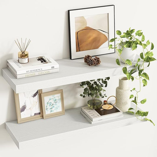 Fun Memories 32Inch Floating Shelves, 9.3Inch Deep Rustic Wall Shelves - Extra Deeper & Thicker Wall Mounted Storage Shelf for Kitchen, Farmhouse - Set of 2 - Rustic White