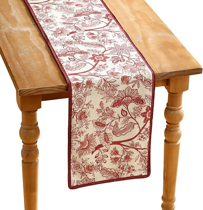 ISAENNE Designer Chinoiserie Elegant Linen Table Runner 87 Inches Long,Red Floral Pattern Decor Table Runners for Thanksgiving,Dining Room,Banquet,Kitchen Tables,Christmas,12"*87"-Ruyi A
