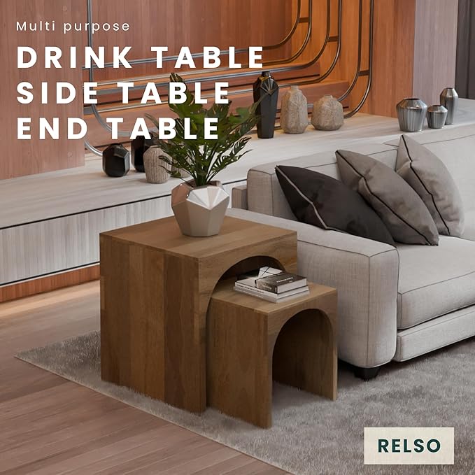 Relso Arch Duo Solid Mango Wood Nesting Tables for Living Room Set of 2 | Stylish Sustainable Design Side Tables | Pre-Assembled Unique Arched Cutouts | Mid Century Accent Table (Rustic Natural)