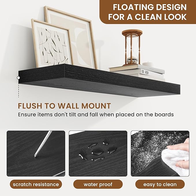 fuqing Floating Shelves for Wall, Bathroom Shelf Wall Mounted for Storage, Shelves with Invisible Bracket for Bedroom, Kitchen, Living Room, Farmhouse Small Book Shelf, 24 Inch Set of 2, Black
