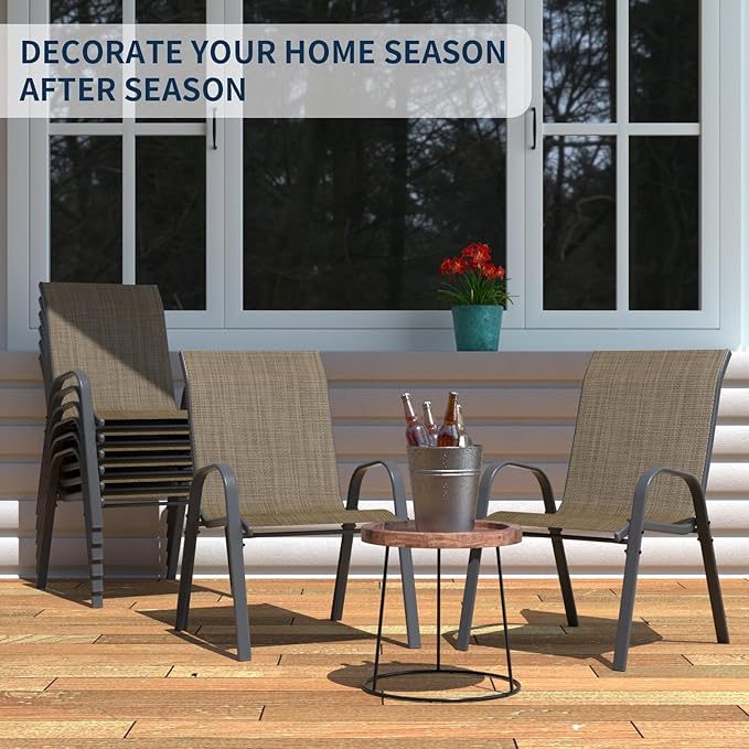 Amopatio Patio Chairs Set of 8, Outdoor Stackable Dining Chairs for All Weather, Breathable Garden Outdoor Furniture for Backyard Deck, Dark Brown