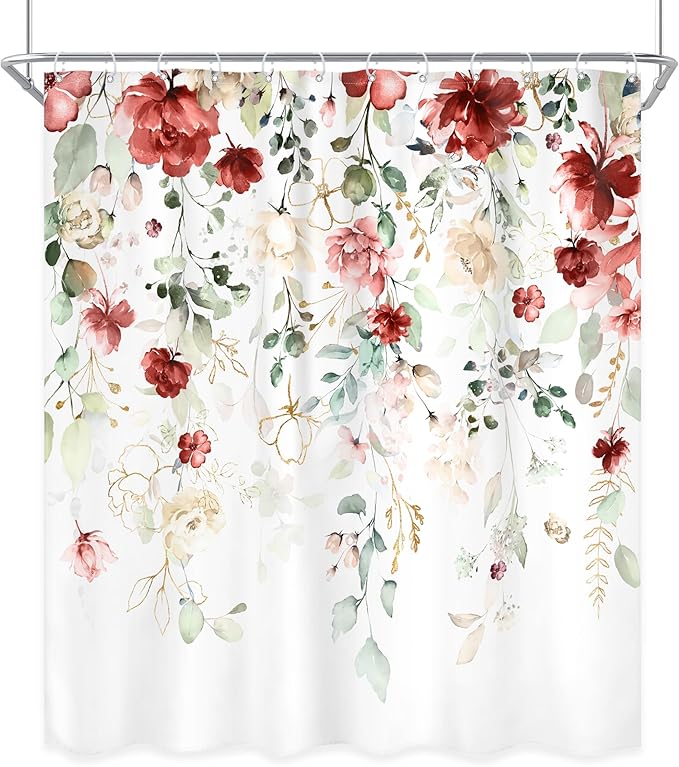 Spring Yellow Pink Floral Shower Curtain 60Wx72L Inch Rustic Watercolor Pastel Flower Eucalyptus Leaf Bathroom Set Shabby Country Plant Botanical Bath Curtain Bathtub Accessories Home Decor