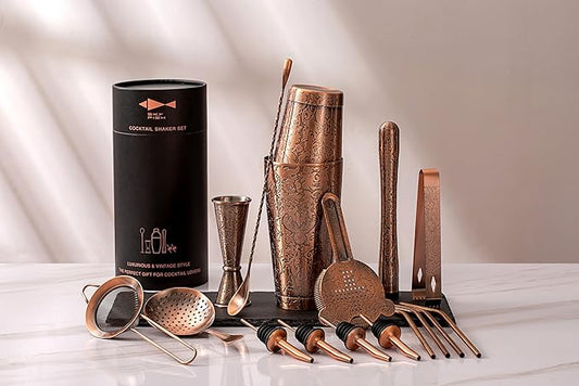 Sky Fish 3D Etched 18-Piece Bartender Kit Stainless Steel Boston Cocktail Shaker Set Copper Plated Bartending Tools Suit for Bar Tools Set Mixology Enthusiasts, Professional Bartenders and Home Drink