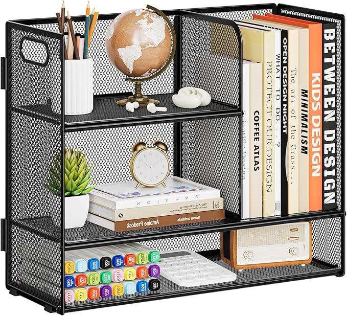 Marbrasse 3-Tier Desk Shelf Organizer with Handle, Desktop Bookshelf File Holder, Mesh Display Shelf Organizer Storage Rack for Office, Home, Supplies, Kitchen (Black)
