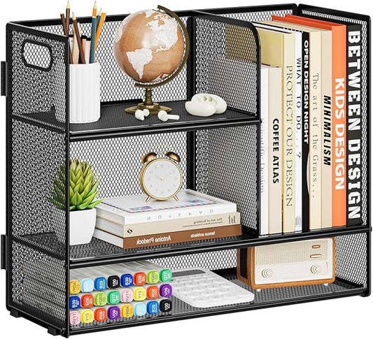 Marbrasse 3-Tier Desk Shelf Organizer with Handle, Desktop Bookshelf File Holder, Mesh Display Shelf Organizer Storage Rack for Office, Home, Supplies, Kitchen (Black)