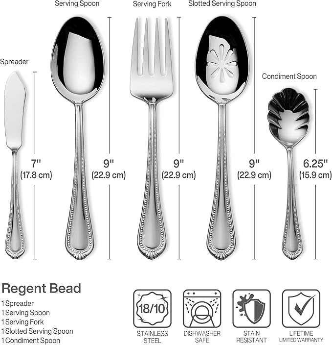 Mikasa Regent Bead 65-Piece Flatware Set for 12, 18/10 Stainless Steel Silverware with Full Service and Serving Utensils, Classic Beaded Edge Design