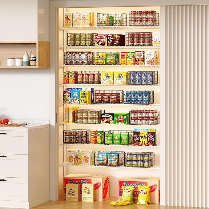 X-cosrack Metal Wire Basket Pantry Baskets Foldable Cabinet Organizers with Handles-6 Pack-12"x9"X6", Food Storage Freezer Organizer Bins for Kitchen Bathroom Laundry Closet Garage - Patent Design