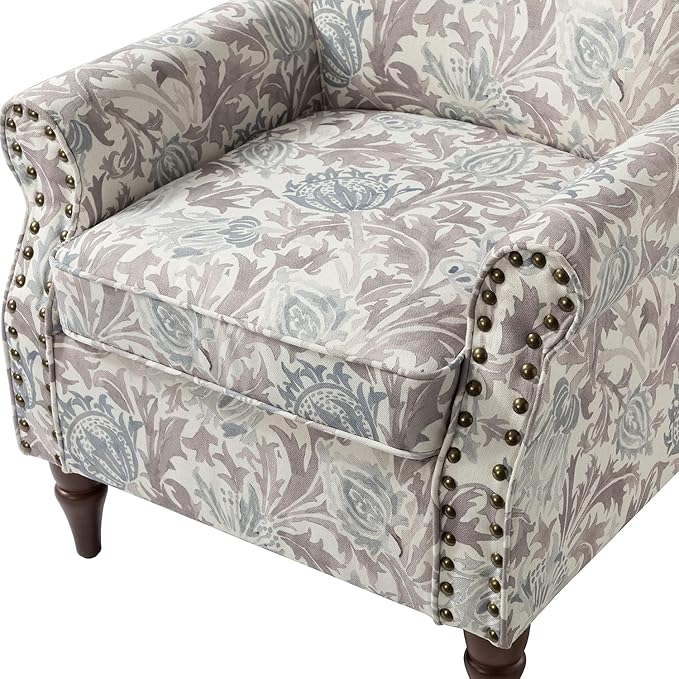 HULALA HOME Modern Wingback Accent Chairs Set of 2 with Wood Legs & Removable Cushion, Comfy Upholstered Armchairs with Nailhead Trim, Floral Pattern Single Sofa Chairs for Living Room Bedroom, Grey
