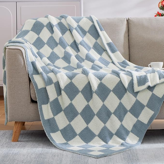 WRENSONGE Checkered Throw Blanket, Grey Blue Soft Cozy Fluffy Warm Hand Made Throw Blankets for Couch, Sofa, Chair, Bed, Camping, Picnic, Travel Lightweight Bed Blanket - 50"*70"