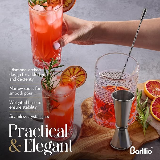Barillio 24 Oz Crystal Cocktail Mixing Glass with Bamboo Stand & Bar Tools | Seamless Lead-Free Crystal, Weighted Base Stirring Pitcher | Including Muddler, Mixing Spoon, Jigger and Strainer