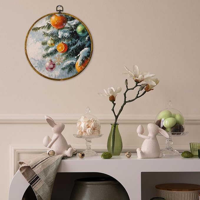 QZQE Christmas Orange Ornaments Bauble Ball Round Wall Art Decor Framed, Christmas Circle Canvas Prints, Rustic Snowy Xmas Tree Circular Wall Hanging Decor for Home Bedroom Living Room, 10x10 Inch