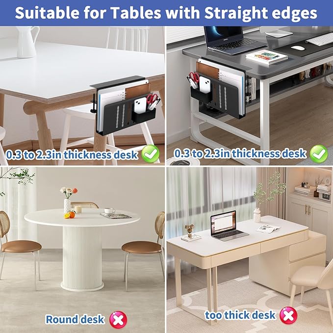 Desk Side Storage, Desk Laptop Holder with Anti-Scratch Pad & Magnetic Pen Holder, No Drill Hanging Table Organizer for Office and Home Fits Flat Edge 0.3" to 2.3"