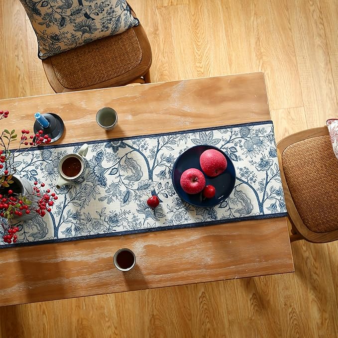 ISAENNE Designer Chinoiserie Elegant Linen Table Runner 102 Inches Long,Blue Floral Pattern Decor Table Runners for Thanksgiving,Dining Room,Banquet,Kitchen Tables,Christmas,12"*102"-Ruyi B