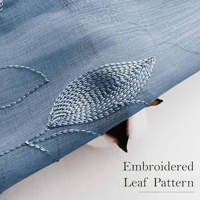 HOMEIDEAS Stone Blue Sheer Kitchen Curtains 30 X 36 Inch Length 2 Panels Embroidered Leaf Pattern Short Bathroom Window Curtains for Small Window Valance Tiers