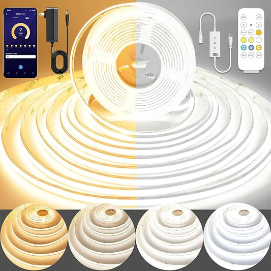 COB LED Strip Light,CCT Dimmable Strips Light,2700K-6500K,16.4ft/5m,8mm Wide,CRI90+ 24V LED Strips Kit with Bluetooth APP Control/Music Mode,for Bedroom,Kitchen,DIY Lighting
