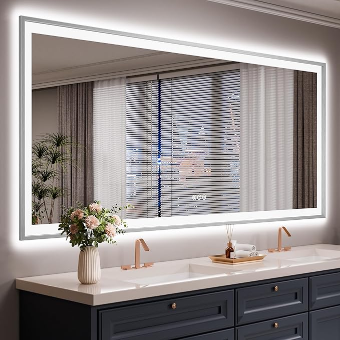 72x32 Silver LED Bathroom Mirror, Rectangle Brushed Nickel Lighted Mirror for Wall, Stepless Dimmable Led Vanity Mirror with Front-lit and Backlit, Tempered Glass, Anti-Fog, Memory