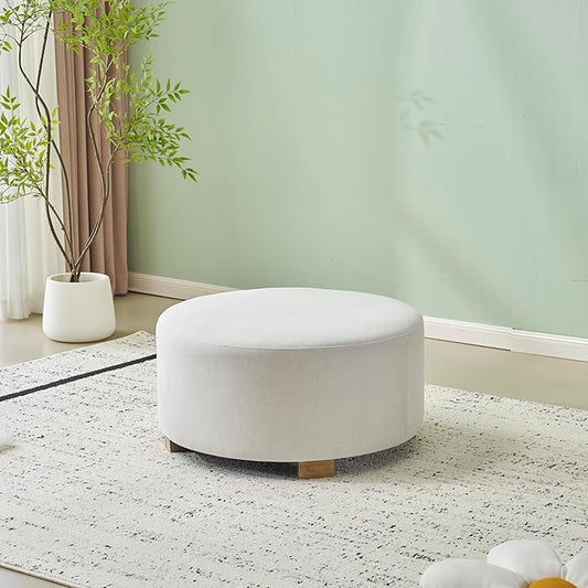 Christopher Knight Home Naylor Modern Fabric Round Ottoman, Living Room Upholstered Foot Stools Foot Rest, Modern Ottoman Coffee Table with Wooden Frame, White