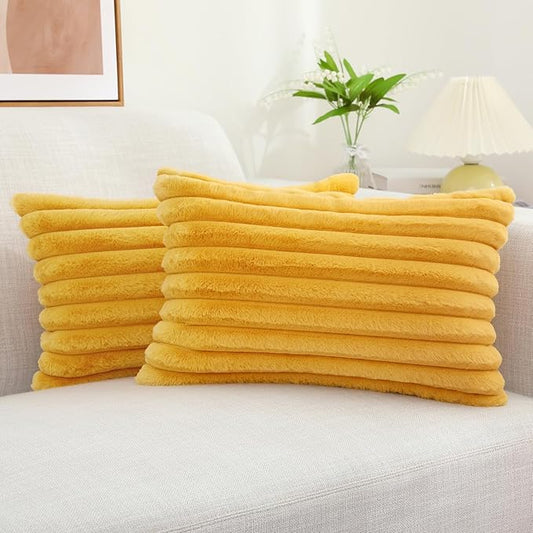 decorUhome Faux Fur Throw Pillow Covers 12x20 Set of 2, Decorative Soft Plush Striped Lumbar Neutral Couch Euro Pillow Covers with Velvet Back for Sofa, Bed, Living Room Home Decor, Mustard Yellow