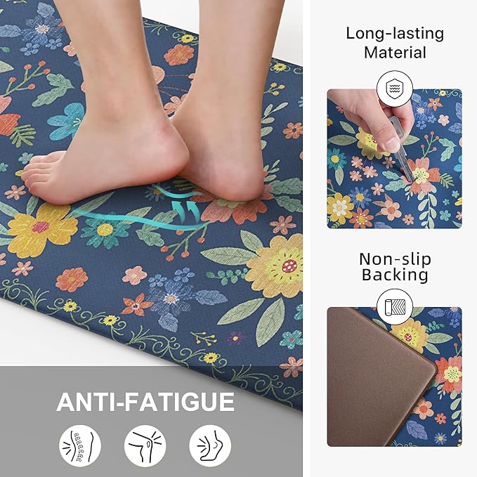 GENIMO Kitchen Mats for Floor 2PCS, Cushioned Kitchen Rugs Non Slip Washable, Farmhouse Anti Fatigue Mat Waterproof, Comfort Standing Mat Rug for Office, Home, Laundry, 17.3"x47"+17.3"x30", Navy
