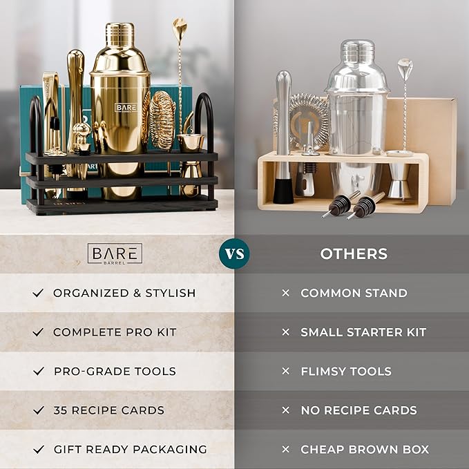 BARE BARREL® Mixology Bartender Kit Bar Set | 14-Piece Cocktail Shaker Set | Martini Barware Mixing Tools for Home Bartending | 35 Recipe Cards | Gift Set (24oz Cobbler Shaker, Gold/Black)