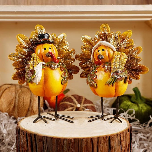 YOFIT Thanksgiving Turkey Figurine, Set of 2 Resin Turkey Fall Tabletop Decorations, Standing Turkey Couple Harvest Decor for Home Table Kitchen