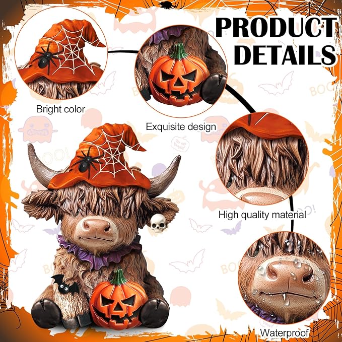 Karenhi 2 Pcs Highland Cow Figurines Halloween Pumpkin Skull Spider Highland Cow Gnomes Scottish Resin Statue Calf Lovers Gifts for Halloween Home Garden Kitchen Office Tiered Tray Table Decor