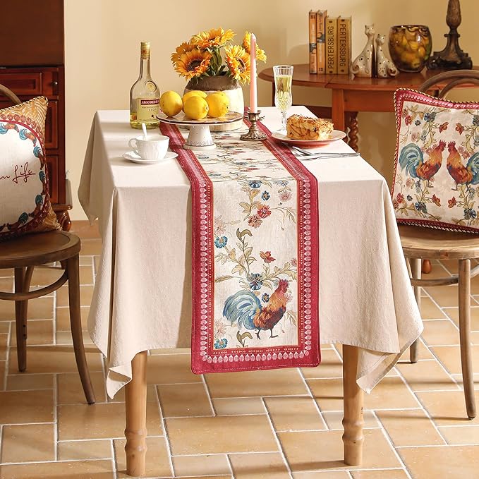patdrea Designer Farmhouse Linen Table Runner, Rustic Cottage Mauve with Rooster and Floral Pattern Fabric Table Mat, Decoration for Kitchen Dining Coffee Table Banquet Christmas , 12"*87"