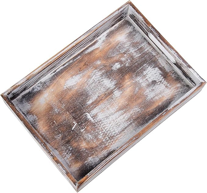 Rustic Whitewashed Wood Food Serving Tray Cutout Carrying Handles Breakfast in Bed Coffee Platter Table Wine Brown Rectangular Nesting Crate Desktop Document Holder Office Home Kitchen