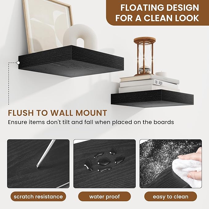 fuqing Floating Shelves for Wall, Bathroom Shelf Wall Mounted for Storage, Shelves with Invisible Bracket for Bedroom, Kitchen, Living Room, Farmhouse Small Book Shelf, 6.5 Inch Set of 3, Black