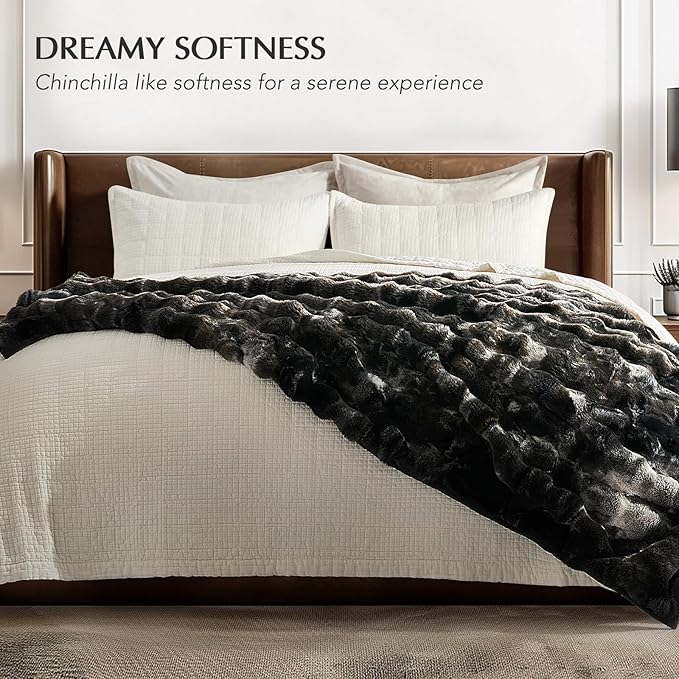 EverGrace Ultra Soft Luxury Fluffy Faux Rabbit Fur Throw Blanket, Thick Warm Bubble Throw for Bed, Cozy Plush Reversible Blankets for Couch, Chair, Sofa, Charcoal Grey Heather, 50x60 Inches