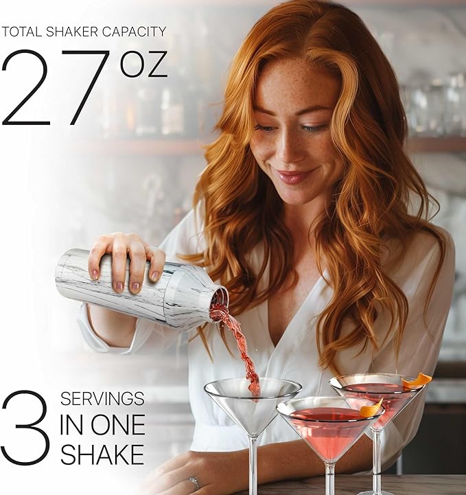 Insulated Cocktail Shaker Set | Double Wall Stainless Steel | Martini Shaker for Home Bar Bartending | Built-in Drink Measurement System & Strainer, Travel Bag, 35 Recipes | Gift Set (Marble)