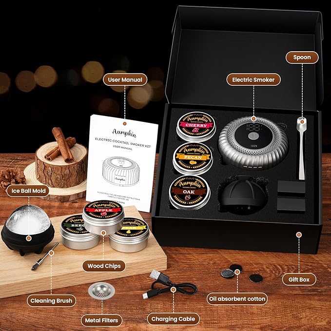 Electric Whiskey Smoker Kit with LED Light & Built-in Lighter, Rechargeable & No Butane Needed, Includes 6 Wood Chips for Old Fashioned Cocktails, Bourbon Whiskey Gifts for Men/Dad/Husband,Grey