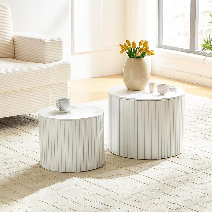 Round Storage Side Table Set of 2, Nesting Coffee Tables with Hidden Storage, Modern Wood Accent End Table for Living Room, Bedroom, Small Space, Minimalist Bedside Table, No Assembly(White)