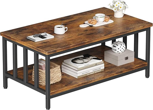 Homeiju Coffee Table for Living Room, Farmhouse Living Room Table with Slatted Sides Frame for Home Office, Apartment, 39 inch Rustic Black and Brown