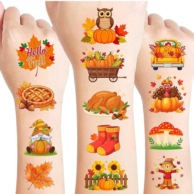 50 PCS Fall Autumn Temporary Tattoos for Kids, Thanksgiving Themed Tattoos for Birthday Party Supplies Funny Pumpkin Leaves Tattoo Stickers for Boys Girls Party Bag Filler School Reward